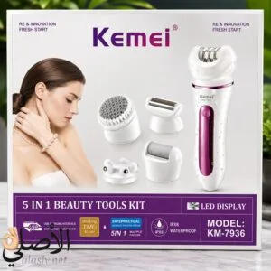 جهاز إزالة الشعر Kemei KM-7936 متعدد الوظائف 5 في 1 قابل للشحن USB ومقاوم للماء مع 5 رؤوس للعناية الشخصية