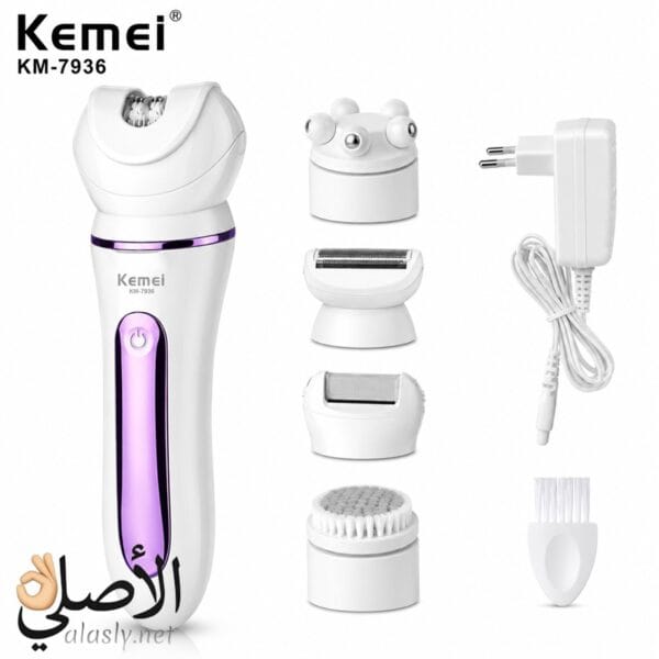 جهاز إزالة الشعر كيمي KM-7936 لإزالة الشعر وتنظيف البشرة مع خمسة رؤوس قابلة للاستبدال وشحن USB