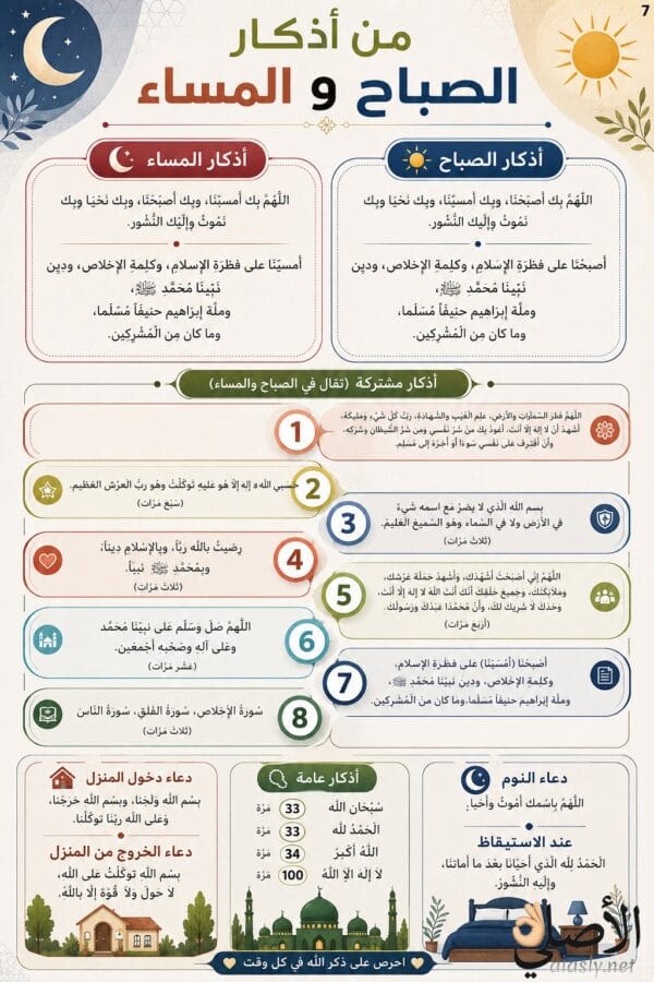 الأصلي كروت أذكار الصباح والمساء بتصميم واضح مناسب للاحتفاظ به وتقديمه مع خاتم التسبيح