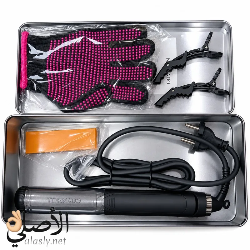 tornado-gold-hair-straightener-package تورنادو جولد مكواة شعر 30 وات حتى 980°F مع تفاصيل أزرار التشغيل ومستويات التحكم في الحرارة