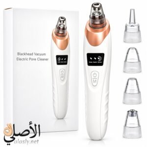 جهاز شفط الرؤوس السوداء وتنظيف مسام الوجه الكهربائي بخمسة رؤوس قابلة للتبديل وتصميم أبيض بتفاصيل ذهبية.