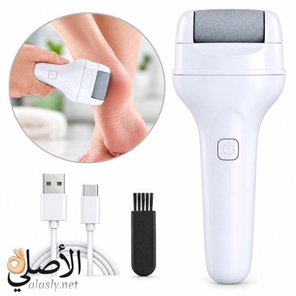 جهاز مبرد القدم الكهربائي من الجانب لإظهار شكل المقبض والرأس الأسطواني المستخدم في إزالة الجلد الجاف.