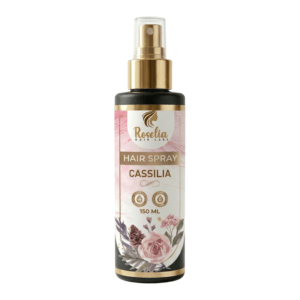 روزيليا معطر شعر كاسيليا 150 مل Roselia Hair Spray Cassilia بعبوة سوداء وتفاصيل ذهبية وتصميم زهري أنيق.